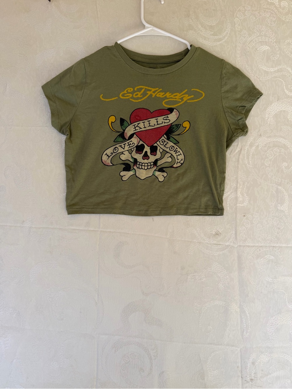 Ed Hardy Olive Crop Tee with Red Heart Skull Graphic